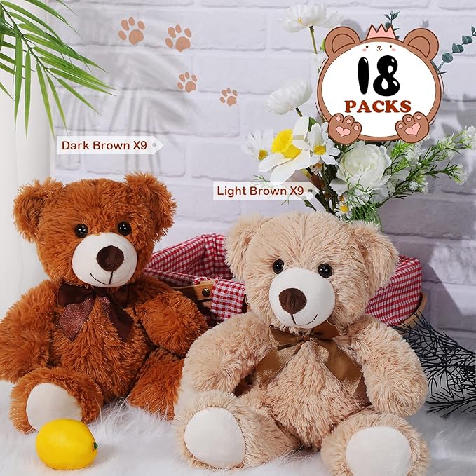 Zhanmai 18 Pcs 14 Inch Bears Stuffed Animal Bulk Gifts Plush Bear Toys for Birthday Baby Shower Graduation Party Favor(Light Brown, Dark Brown)