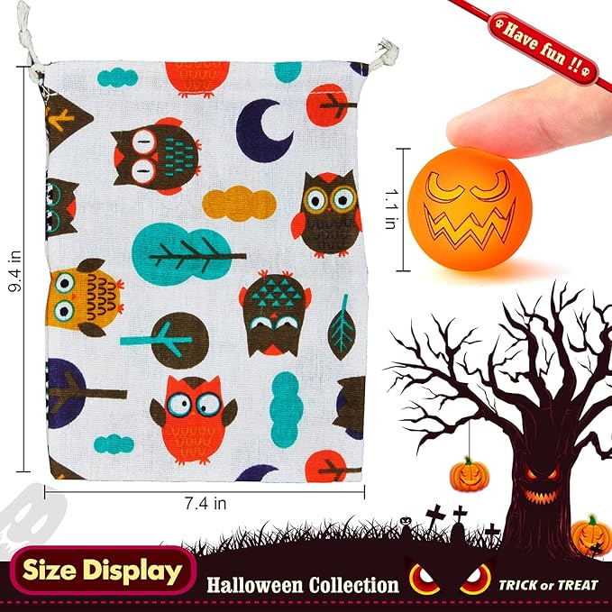 40 Glow in The Dark Bouncing Balls,Halloween Party Favors Supplies ,8 Halloween Theme Designs, Trick or Treating Goodie Bag Filler, School Classroom Game Rewards, Halloween Miniatures (with pouch bag)