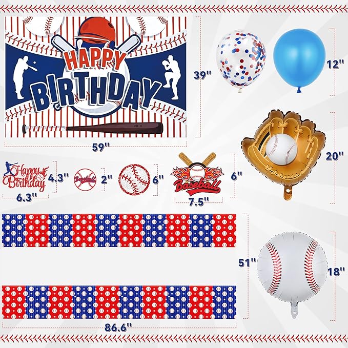 Baseball Party Decorations, Baseball Birthday Party Supplies Kit, Include Sport Themed Backdrop, Happy Birthday Banners, Tabelcloth, Baseball Balloons, Cake&Cupcake Toppers