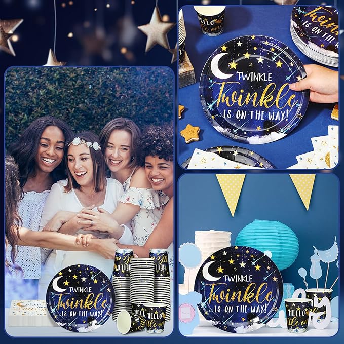 200 Pcs Twinkle Twinkle Little Star Baby Shower Paper Plates Napkins Cups Baby Shower Party Supplies Tableware Set Navy Blue Disposable Cup Napkin for 50 Guest Girls Spring Party Decoration
