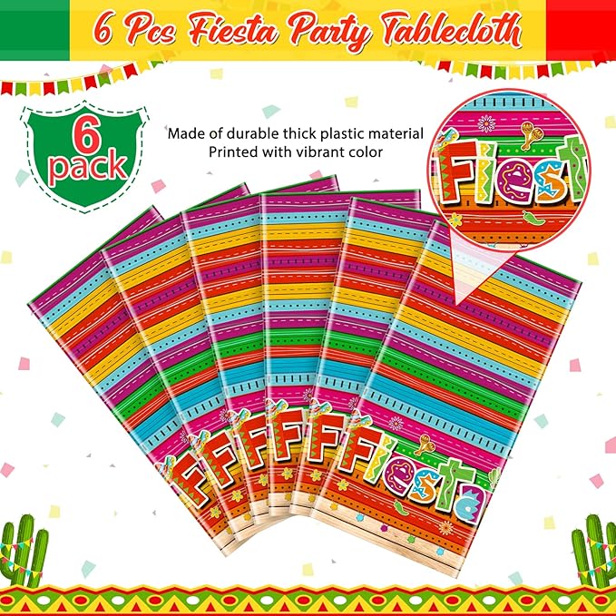 Jectivs 6-Piece Mexican Fiesta Plastic Tablecloth Set, Rectangular, 54 x 108 Inch, All-Season, Waterproof, Durable, for Party, Birthday, Taco Night, Cinco de Mayo Decorations