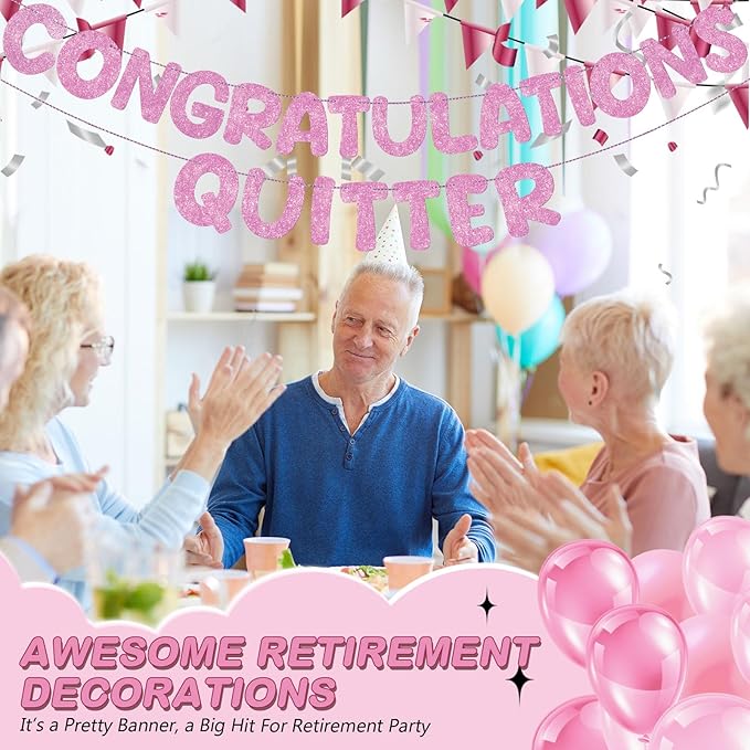 Fulmoon Pre Strung Congratulations Quitter Glitter Banner Funny Retirement Banner Graduation Party Decorations Going Away Supplies Garland for Men Women Gifts, No DIY (Pink)