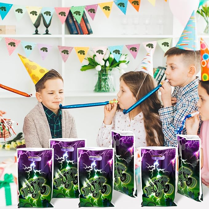 Green Purple Monster Truck Party Favor Bags - 50Pcs Monster Truck Goody Candy Treat Gifts Bags, Green Purple Racing Car Themed Party Decorations for Kids Boys Girls Birthday Supplies