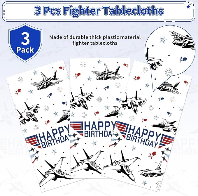 3 Pcs Fighter Jet Pilot Birthday Tablecloth Military Jet Table Cover Plastic Rectangle Airplane Table Cloth Air Force Party Decorations for Boys Pilot Aviation Birthday Party Supplies 54" x 108"
