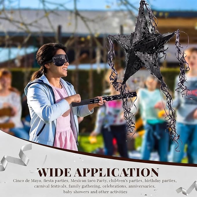 Hanaive Foil Star Piñata with Blindfold and Bat for Birthday Foldable Star Shape Piñata with Stick Festive Fiesta Party Supplies Favors for Mexican Party(Black)