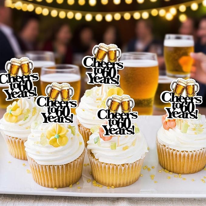 Ercadio 28 PCS Beer Party Cupcake Toppers Cheers and Beers Happy Birthday Decor for Cheers to 60 Years Cake Topper Favor for Summer Family Party Decor Supplies