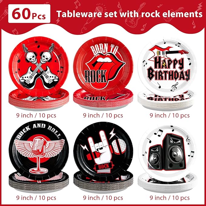 Grencian 60 Pcs Rock Theme Party Paper Plates for Music Birthday 9” 1950's Record Party Decorations Disposable Guitar Dessert Cake Tableware for Halloween Kids Baby Shower 50s 60s Theme Parties