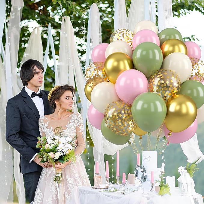 Paready Pink and Green Balloons, 50 PCS Sage Green Pink Balloons, 12 Inch Metallic Gold Confetti Avocado Green Sand White Balloons for Birthday Jungle Wedding Graduation Baby Shower Party Decorations