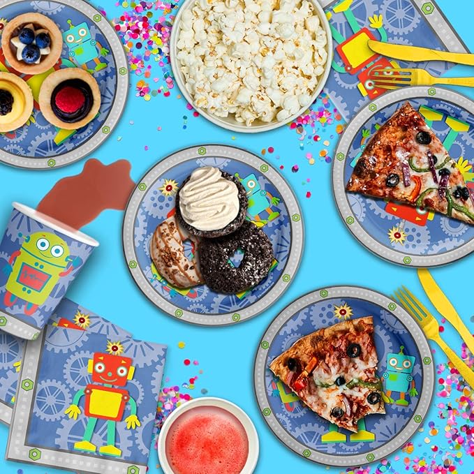 Robot Birthday Party Supplies Set Plates Napkins Cups Tableware Kit for 16