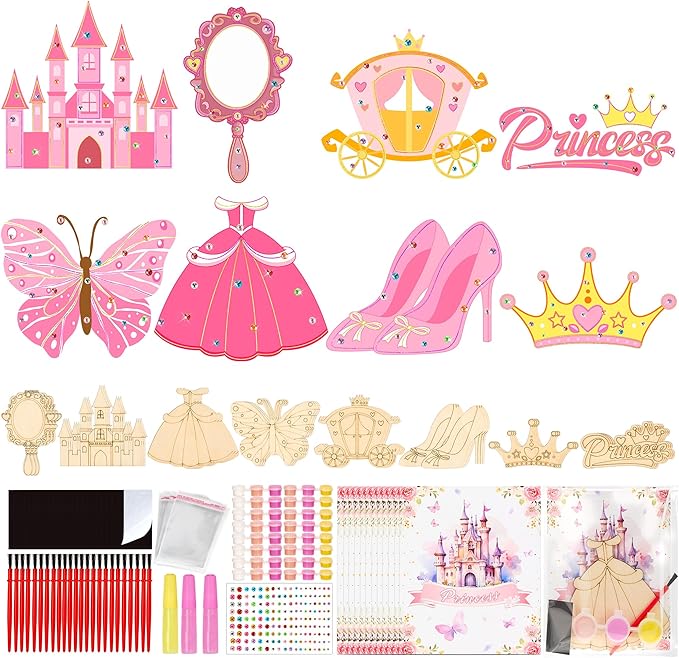 Bafeil 24 Sets Princess Party Favors, DIY Wooden Painting Crafts Kit with Magnets, Princess Birthday Party Supplies, Princess Party Decorations Goodie Bags Gifts Stuffers Prizes