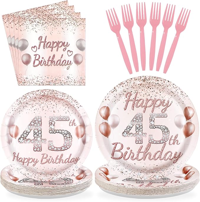 96Pcs 45th Birthday Party Decorations for Women Rose Gold 45th Birthday Paper Plates and Napkins Sets Pink Gold 45 Theme Decorations for Women Cheers to 45 Years Old Fabulous Party Supplies Serves 24