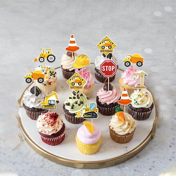 36 Pack Construction Cupcake Toppers Stop Sign Dump Truck Excavator Tractor Party Cake Picks Decorations for Construction Theme Baby Shower Birthday Party Cake Decorations Supplies
