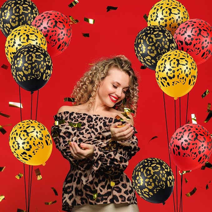 Gejoy 36 Pcs Cheetah Balloons Gold Black Red Leopard Print Balloons 12 Inch Spots Latex Leopard Jungle Animal Decorations for Cheetah Zoo Theme Birthday Party Supplies