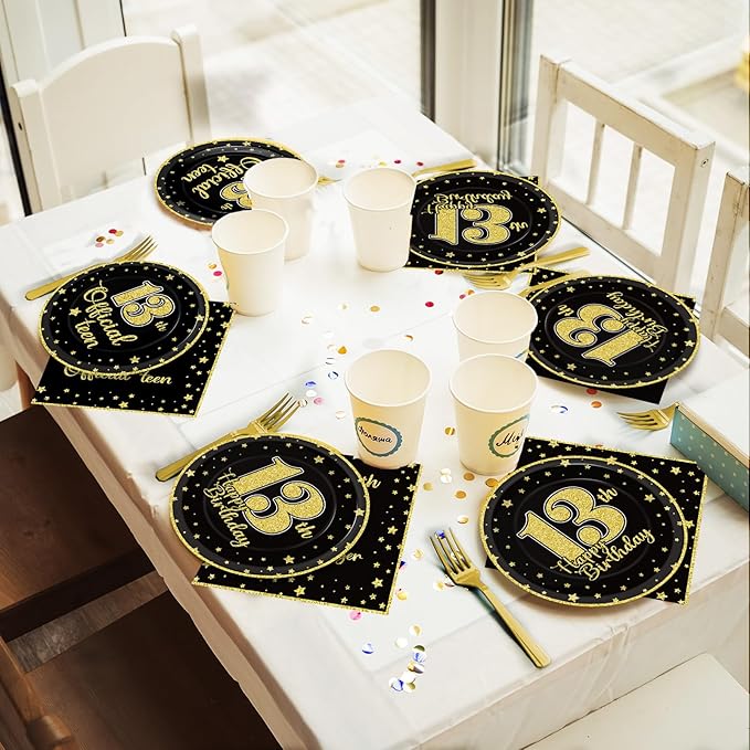 96 Pieces 13th Birthday Tableware Set Official Teenager 13th Disposable Plates Black Gold Birthday Party Plates Napkins Forks for Teenager Boys Girls 13 Year Old Party Favor 24 guests