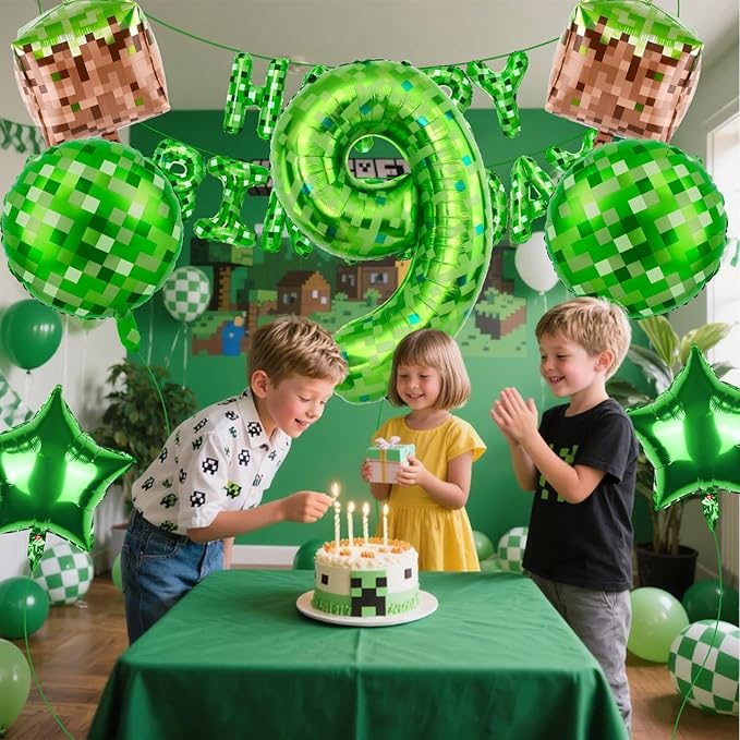 Green Pixel Themed Happy Birthday Banner Party Decorations Set Including 40 Inch Number 9 Foil Balloons, Themed Party Essentials, TNT Pixel Backdrop Supplies for Boys Indoor Outdoor Celebration