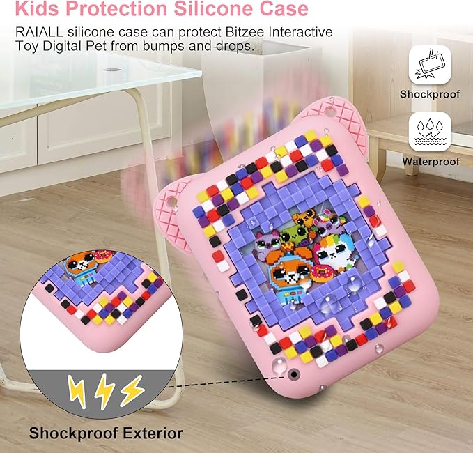 RAIALL Silicone Cover Case for Bitzee Interactive Toy Digital Pet, Kids Protective Virtual Electronic Pet Game Lanyard Silicone Holder for Boys and Girls, Portable Travel Soft Silicone Sleeve, Pink