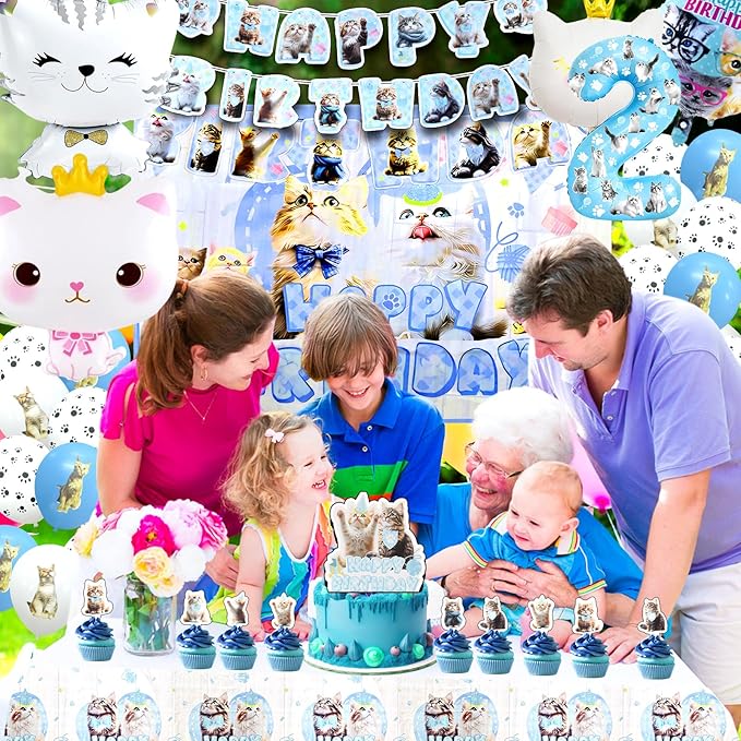 142Pcs Cat Birthday Decorations, Cat 2nd Birthday Party Supplies, Cat Birthday Party Decorations Include Plates Cups Napkins Tablecloth Balloons Cake Toppers for Kids Party