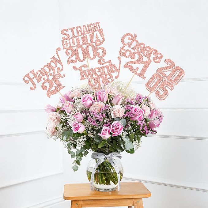 Gyufise 15Pcs Happy 21st Birthday Centerpiece Sticks Twenty One Straight Outta 2005 Table Flower Centerpieces Sticks for Cheers to 21st Birthday Party Supplies Rose Gold