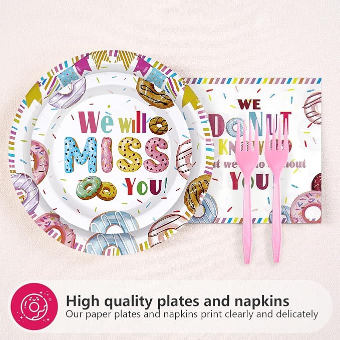 96PCS Farewell Retirement Party Supplies Colorful Donut Forget Us Plates and Napkins Disposable We Will Miss You Tableware Set for Coworker Going Away Retirement Party Decorations Serves 24