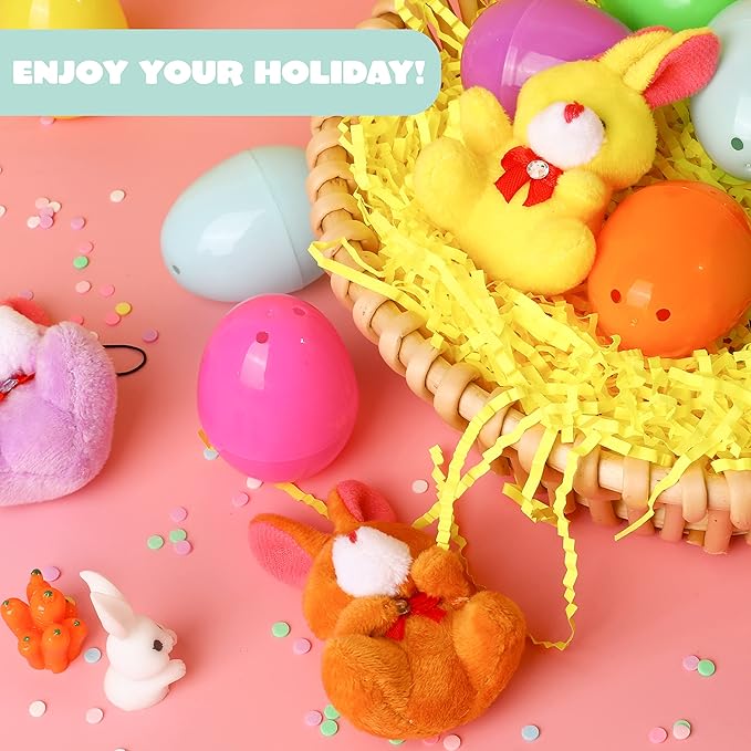 JOYIN 12 Pcs Filled Easter Eggs with Plush Bunny, Bright Colorful Bunnies for Kids and Toddlers, Easter Basket Stuffers and Party Favors, Classroom Prize Supplies