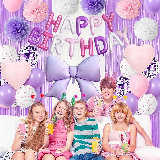 Purple Pink Bow Birthday Decorations for Women Girls, Happy Birthday Balloon Banner with Bow and Heart Foil Balloons Fringe Curtain Tissue Paper Pompoms Garland Party Supplies