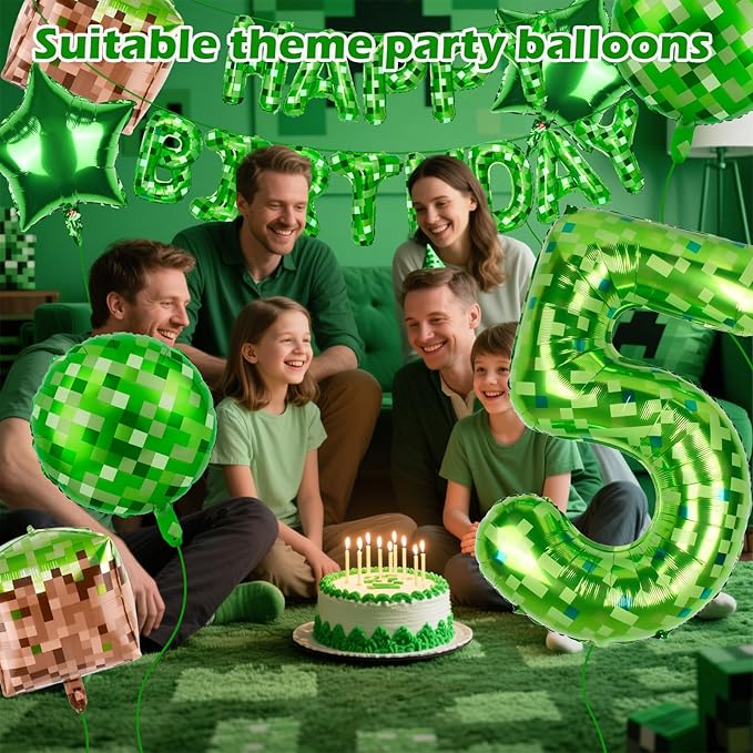 Green Pixel Themed Happy Birthday Banner Party Decorations Set Including 40 Inch Number 5 Foil Balloons, Themed Party Essentials, TNT Pixel Backdrop Supplies for Boys Indoor Outdoor Celebration