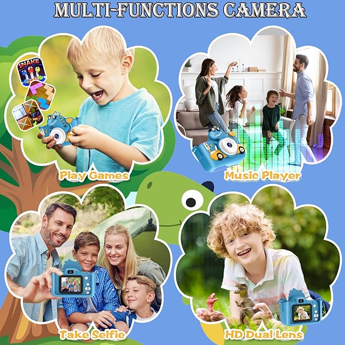 Kids Digital Camera, 1080P HD Video Camera for Toddlers with 32GB SD Card, Dinosaur Protective Case, Card Reader, Fun Selfie Toy Camera for Ages 3-12, Christmas/Birthday Gift for Boys & Girls (Blue1)