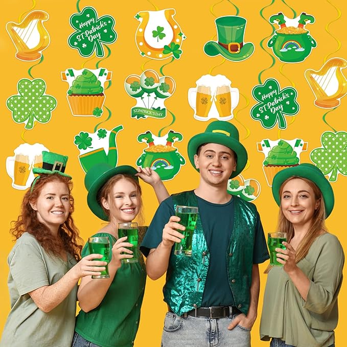 40Pcs St. Patrick's Day Hanging Swirl Decorations, Irish Lucky Shamrock Clover Ceiling Hanging Swirls St. Patrick's Day Foil Swirls Streamers for Irish Saint Patrick Party Decorations