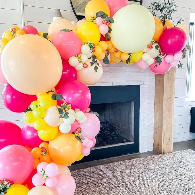 Pink and Yellow Balloons,12 Inch Maca Hot Pink Yellow Confetti Balloons with Ribbon,for Girls Peach Birthday Baby Shower Engagement Party Decorations