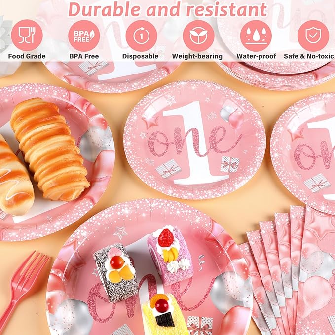 96 Pcs Girl 1st Party Supplies Pink One Year Old Paper Plates Baby Girl 1st Birthday Decoration Pink DisposableTableware Set Bridal Shower Birthday Party Paper Plate Napkin Fork 24 Guests