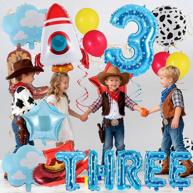 19Pcs Toy Themed Party Decorations Cartoon 3rd Birthday Decorations Blue Sky White Clouds Cowboy Hat Boots Rocket Balloons Toy Inspired Third Birthday Party Supplies