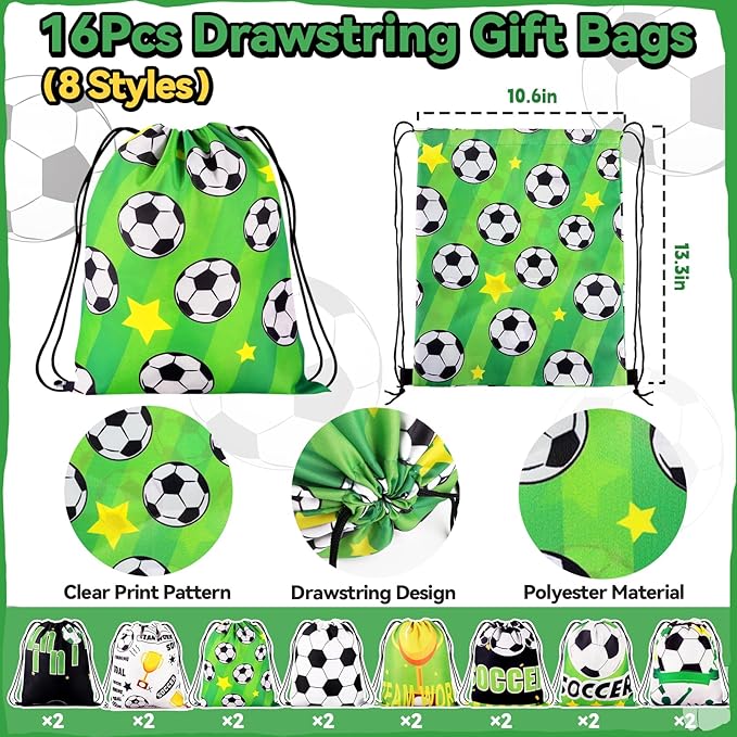 98Pcs Soccer Party Favors, Soccer Drawstring Bags with Silicone Bracelet Soccer Whistles Stickers Soccer Goodie Bags for Soccer Party Decorations Party Supplies