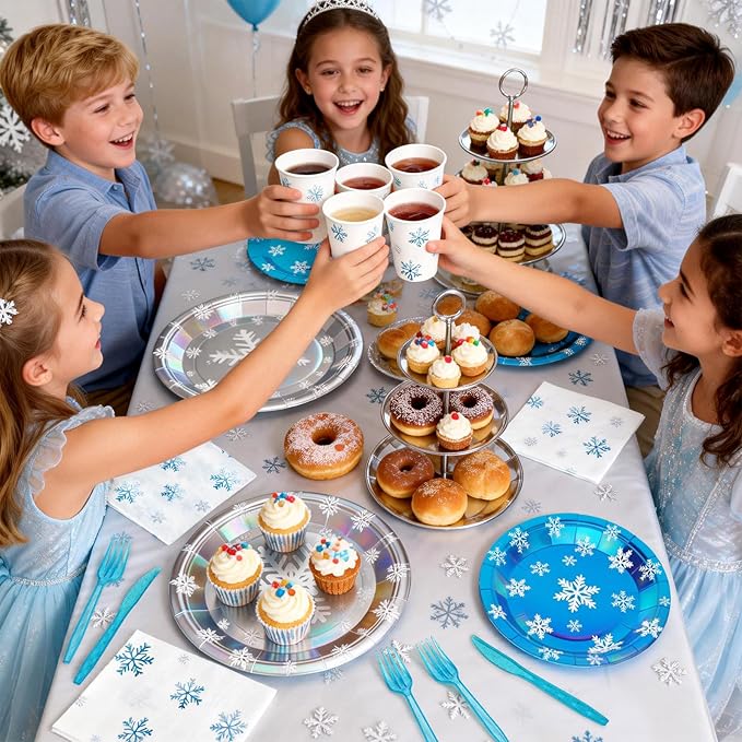 144Pcs Snowflake Frozen Birthday Party Supplies Decorations Laser Paper Plates Napkins Vintage Party Tableware Disposable Snow Dinnerware Set for Kids Birthday Baby Shower Table Decor, Serve 24