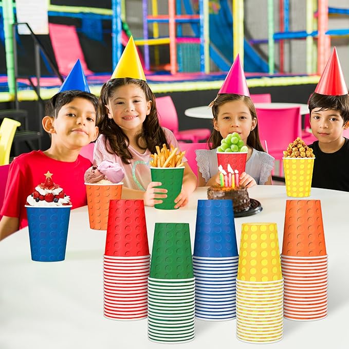100pcs Building Blocks Party Paper Cups Colorful Blocks Bricks Disposable Cups for Block Party Decorations Building Bricks Paper Drinking Cups for Building Block Birthday Party Supplies and Favors