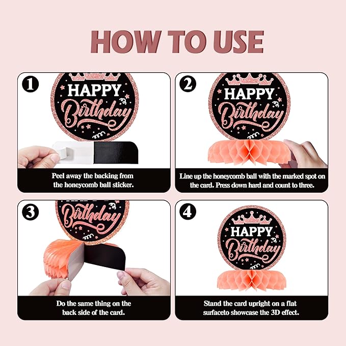 12 Pcs Birthday Table Decorations Glitter Rose Gold Black Birthday Decorations Honeycomb Centerpieces for Table Decor Girls Boys Women Men Party Supplies