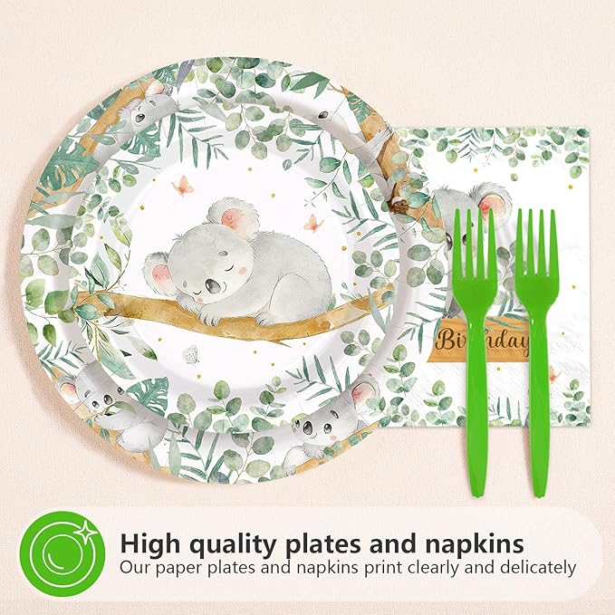 96Pcs Koala Birthday Party Decorations Koala Birthday Plates and Napkins Sets Safari Jungle Animal Australian Decorations for Baby Shower Birthday Zoo Junlge Animal Party Supplies Serves 24