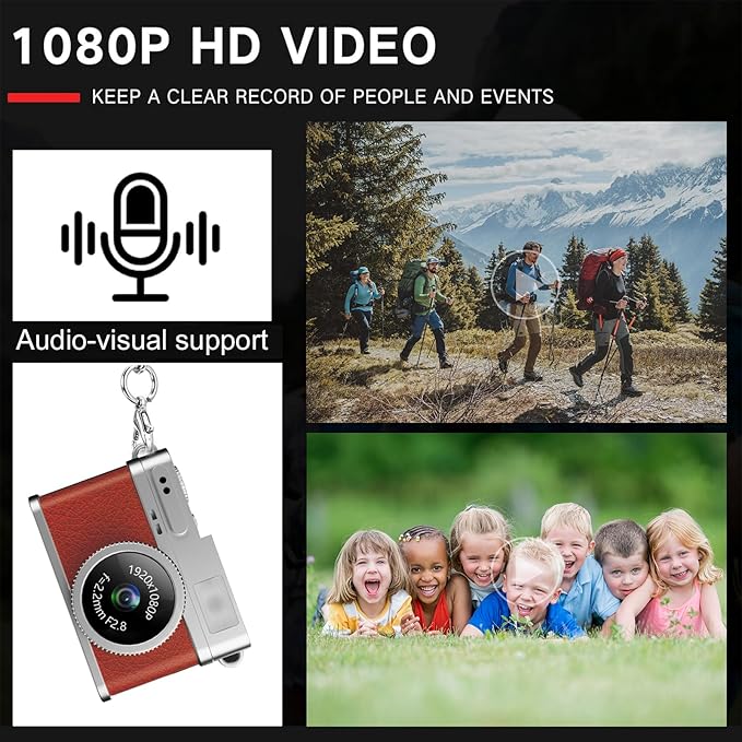 KOOMTOOM Keychain Camera,1080P HD Mini Retro Camera,Tiny Digital Photocamera with 32GB SD Card,0.96'' Pocket Video Recorder Gift for Kids Students,Suprise Box Included (Retro Red Brown)