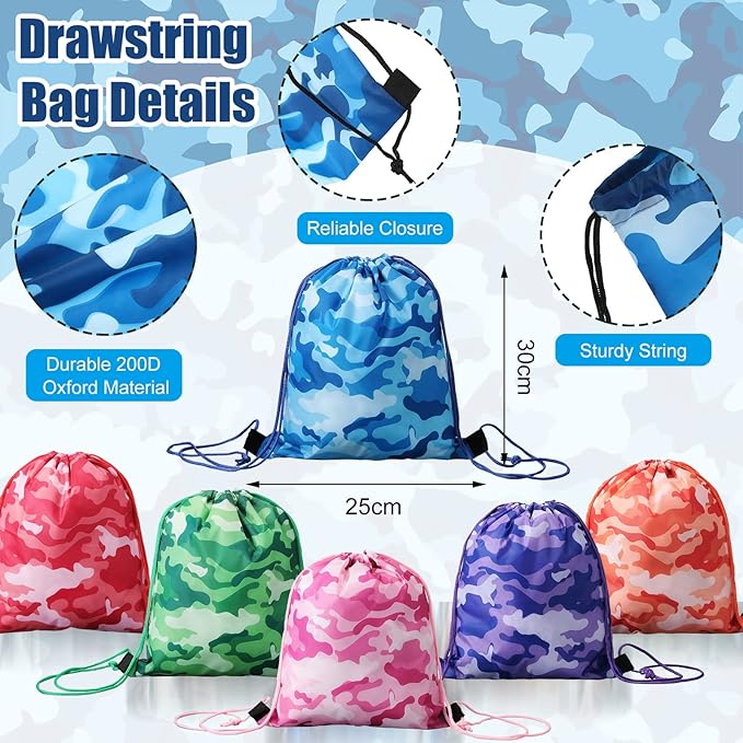 36 Pcs Tie Dye Party Favors Camouflage Drawstring Bag Bulk Camouflage Military Rubber Keychain Silicone Bracelet for Goodie Bag Stuffers Fillers Summer Camping Birthday Party Supplies(Assorted Camo)