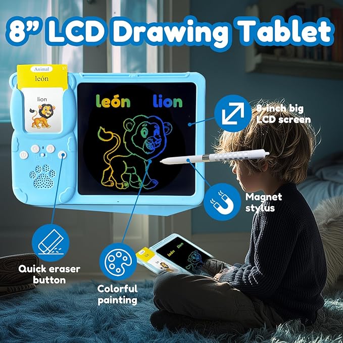 Drawing Tablet with Bilingual Flashcards for Kids - Spanish English Talking Flash Cards, LCD Writing Pad Board, Pocket Speech for Toddlers, Learning Toy Gift for Boys Girls (Spanish, Blue)