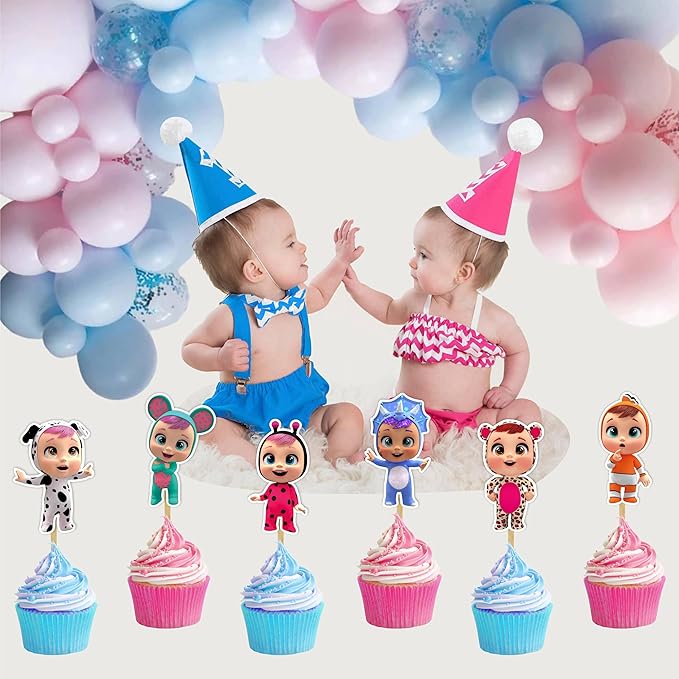 "Cri Babes Cupcake Topper – Cute Cartoon Baby Doll Theme Birthday Party Cupcake Picks – Adorable Cupcake Decorations for Birthday Celebrations, Baby Showers, and Themed Party Dessert Tables"