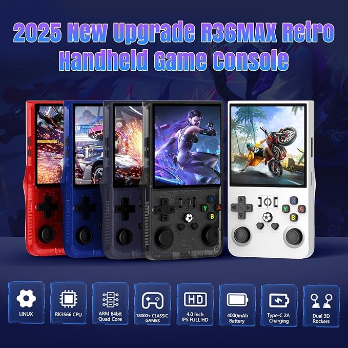 R36MAX Retro Handheld Game Console, 4.0-inch IPS HD Screen, 64GB Built-in 18,000+ Classic Games, Portable Retro Gaming Console with Open Source Linux System & 4000mAh Battery (Black 57GB)