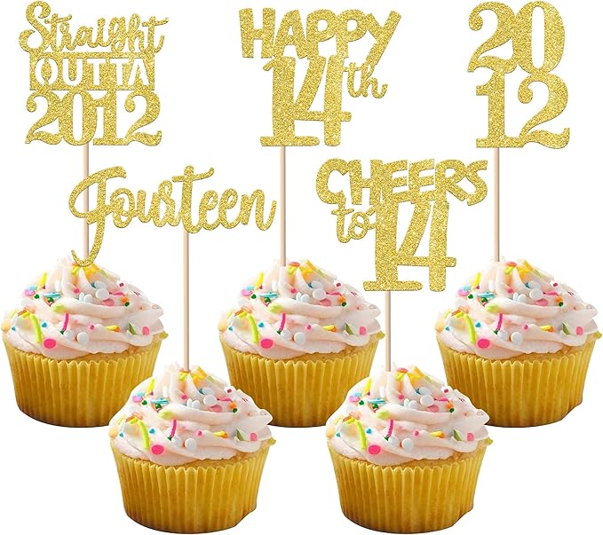 30PCS Straight Outta 2012 Cupcake Toppers Gold Glitter Fourteen Happy 14th Birthday Cupcake Picks Cheers to 14 Years Cake Decorations for 14th Birthday Anniversary Party Decoration Supplies