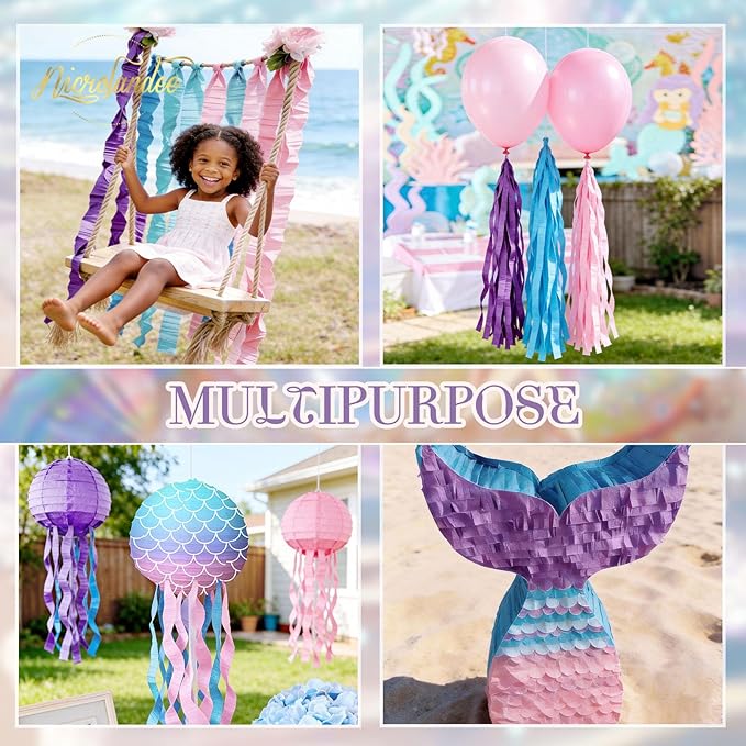 NICROLANDEE 8 Rolls Purple Pink Blue Crepe Paper Streamers 656ft for Girls Birthday, Baby Shower, Mermaid Theme Party Decorations, Princess Birthday Ocean Theme Party Decor for Girls