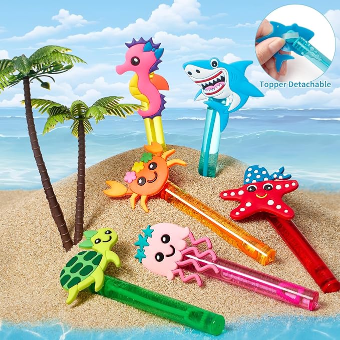 Winrayk Under the Sea Party Favors, 24Pcs Ocean Animal Mini Bubble Wands for Kids Bubbles Bulk with Detachable Topper (6 Styles & Colors), Summer Pool Beach Birthday Goody Bag Stuffer Classroom Prizes