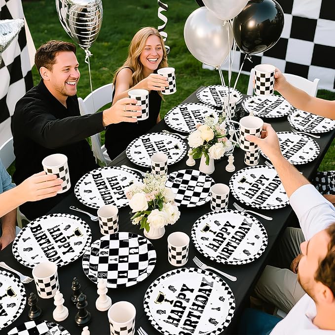 96Pcs Chess Happy Birthday Party Supplies Black and White Checkered Plates and Napkins Disposable Chessboard Game Tableware Set for Chess Player Birthday Party Decorations, Serves 24