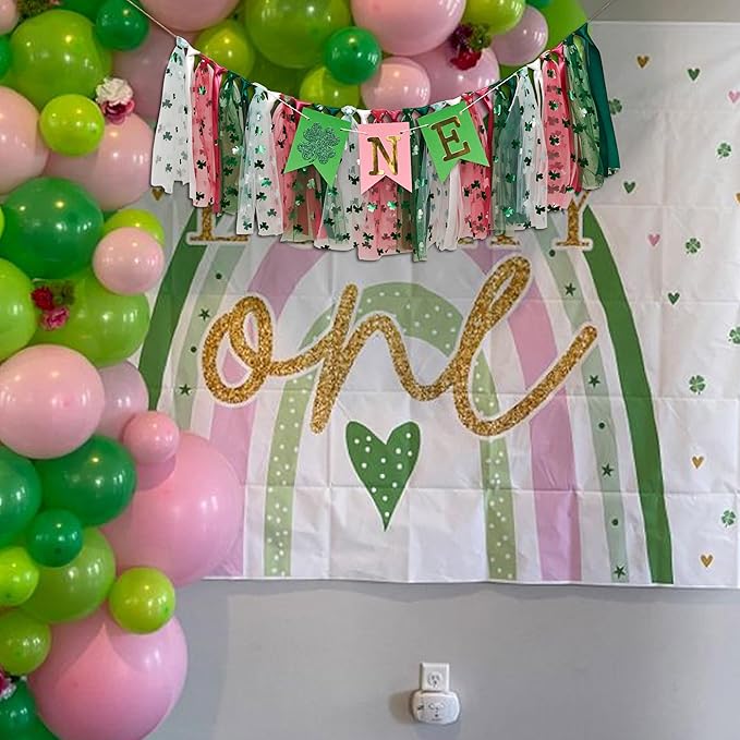 St. Patrick's Day High Chair Banner - Lucky One Birthday Party Supplies,Glitter Luck Shamrock Decorations,Four Leaf Clover First Birthday ONE Tutu Highchair Banner (lucky pink)