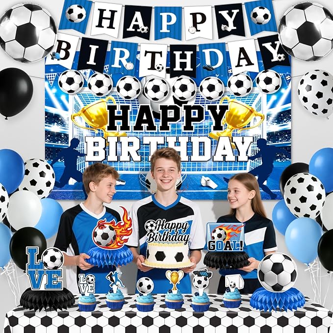 Soccer Birthday Party Decorations, 44Pcs Soccer Party Decorations with Happy Birthday Backdrop Tablecloth Foil & Latex Balloons and Cake Toppers Honeycomb Centerpieces for Boys’ Sports Party Supplies