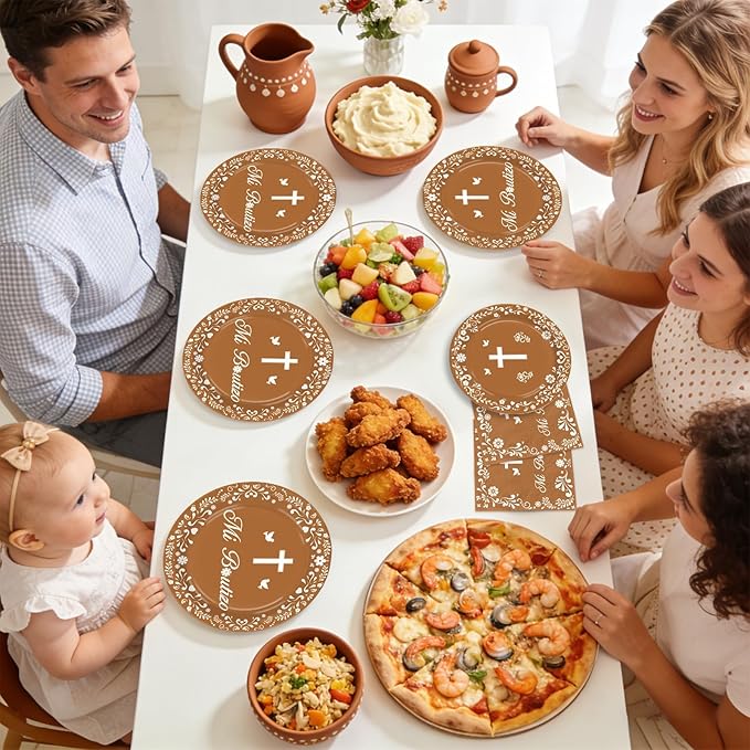 96 Pcs Mexican Baptism Decorations Disposable Brown Mexican Paper Plates and Napkins Lindo Tableware Set for Boy Christening First Holy Communion Baptism Baby Shower Party Supplies