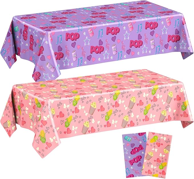 2 Pcs Birthday Party Decorations Plastic Cute Birthday Tablecloth 108 x 54 Inches Disposable Rectangle Tablecover for Boys Girls Kids Baby Shower Party Supplies (Popcorn Pop)