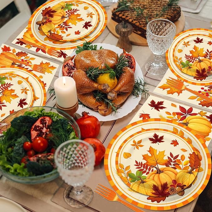 100 Pcs Fall Pumpkin Leaves Tableware Party Supplies Set, Serves 25 – Disposable Autumn Harvest Paper Plates, Napkins, and Forks, Thanksgiving Day Dinnerware for Friendsgiving Gatherings Decorations
